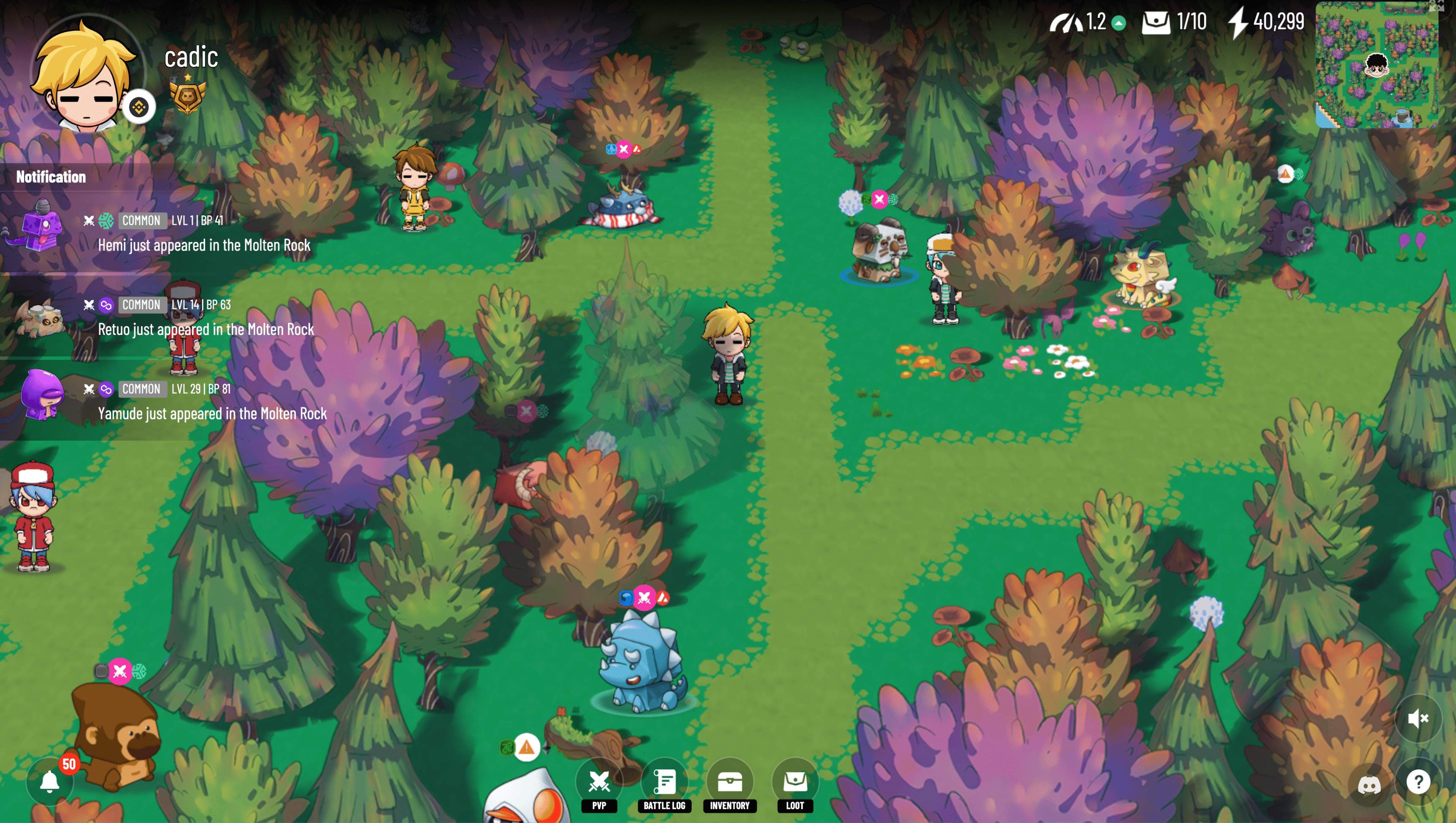 Ingame image of Blockchain Monster Hunt metaverse game world with players and monsters standing in a fantasy forest